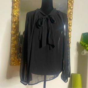 Black Sheer V-Neck Tied “Bow” Blouse Size Medium